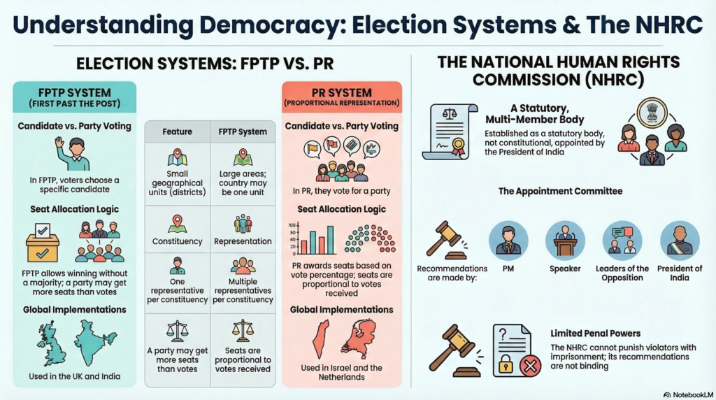 Diagram explaining the Indian Election System including Election Commission of India, EVM, VVPAT, political party recognition and Representation of People Acts.